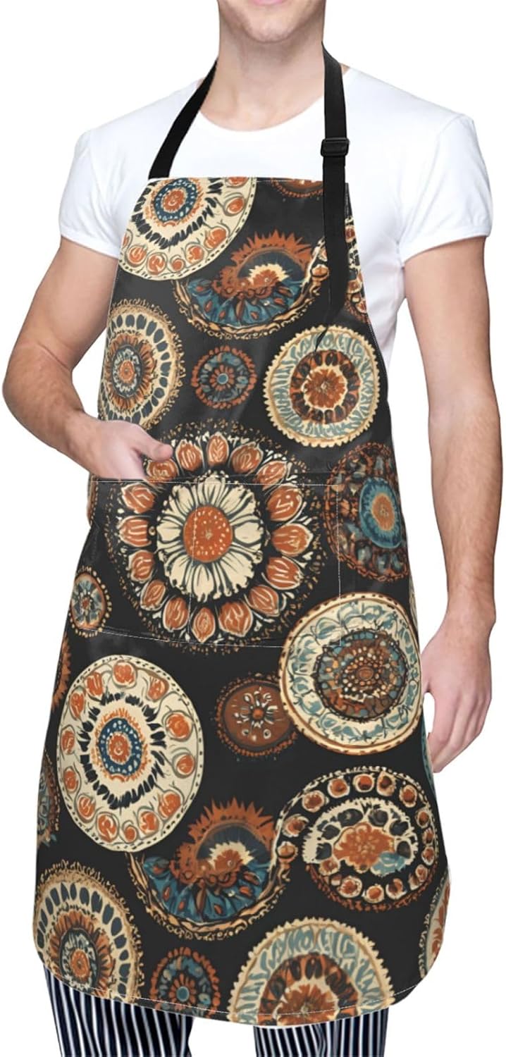 YANYU Ethnic Circles Floral Pattern Print 28x33 In Kitchen Apron Stylish Chef Apron with Pockets for Cooking Baking Painting