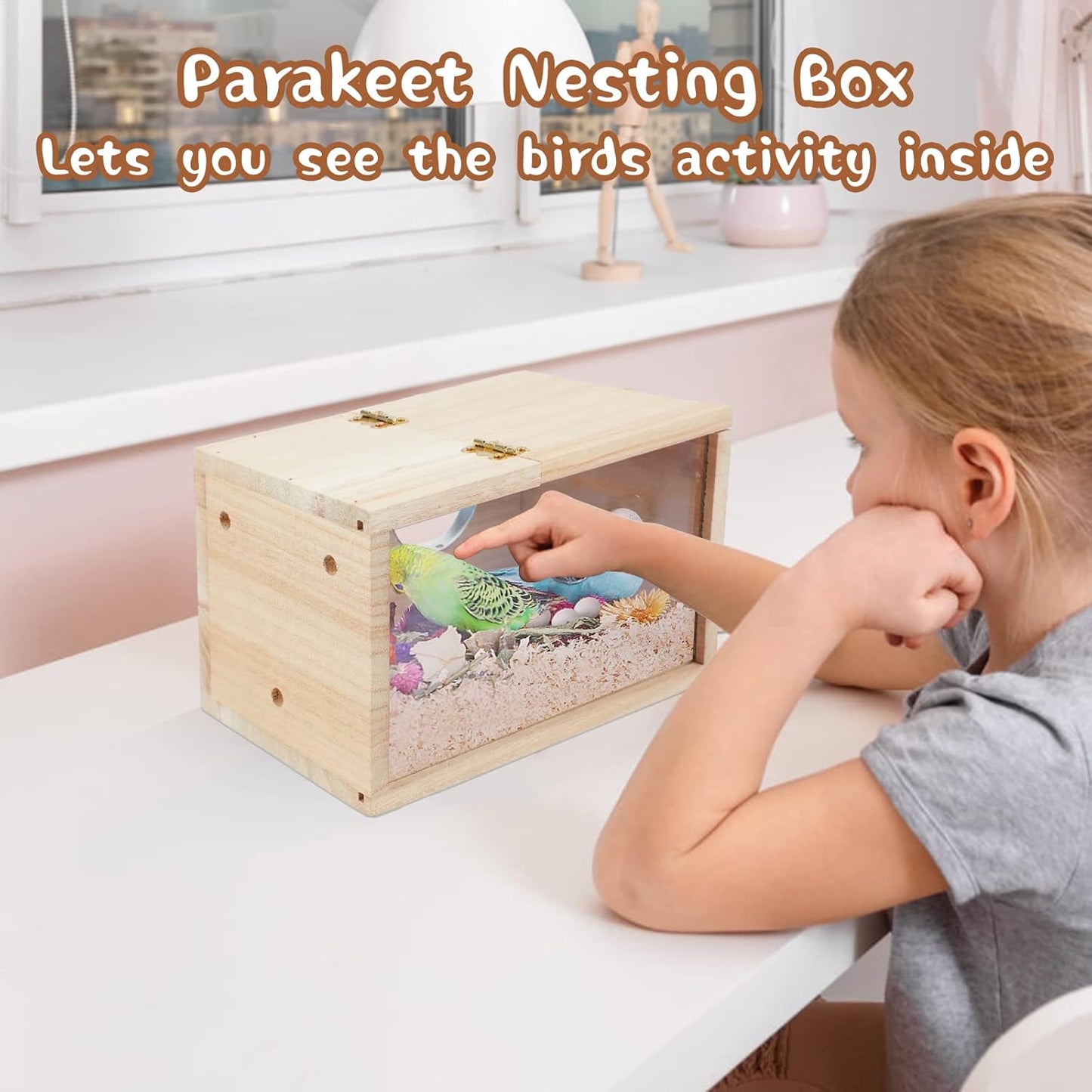 Parakeet Nesting Box Transparent Bird House for Cage Natural Wood Bree