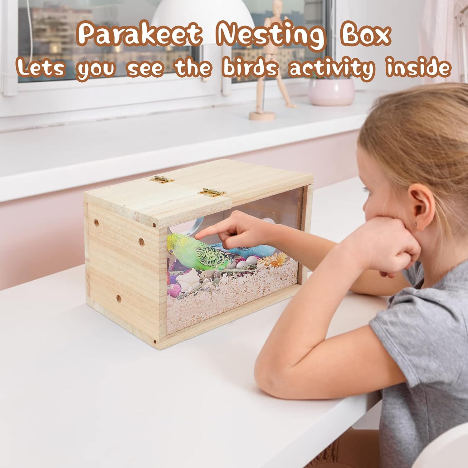 Parakeet Nesting Box Transparent Bird House for Cage Natural Wood Bree