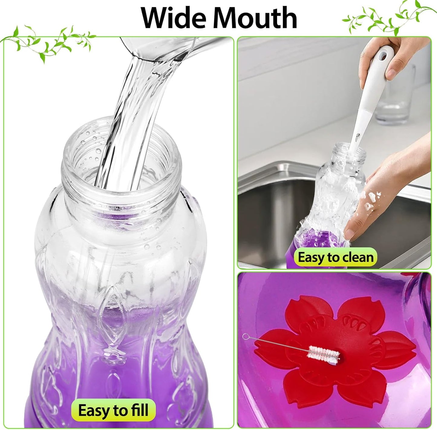2 Pack Hummingbird Feeders for Outdoors, Built-in Ant Moat & Leakproof, XAROO Glass Hummingbird Feeder with 4 Bee Guard Feeding Ports, Outdoor Garden Décor, 15OZ, Purple