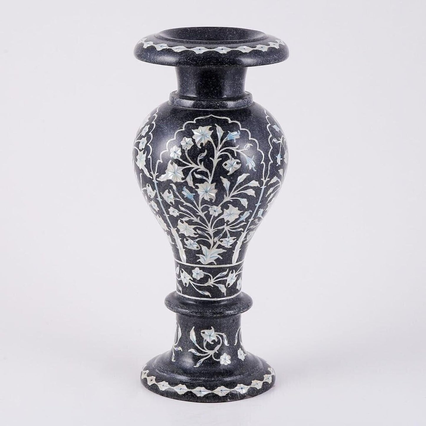 Marble Urn Vase I Shiny Gemstone Inlay Nursery Decor Planter I Handmade Plant Pot I Kitchen Decor Table Vase I Black Marble Planterette I 18 Inches Marble Plant Stand