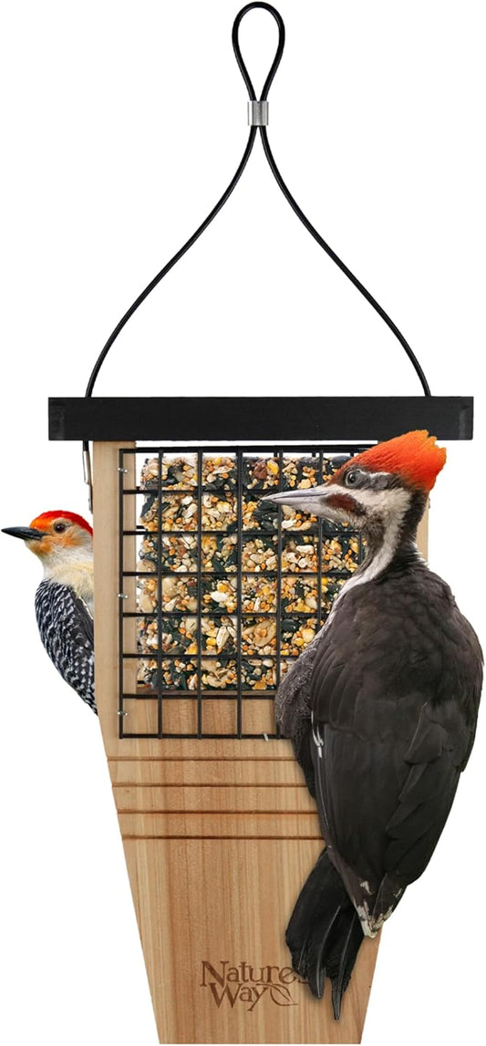 Nature’s Way Cedar Woodpecker Suet Feeder with Tail Support, Heavy-Duty Wood Design, 1 Suet Cake Capacity, Black Weather Guard Roof