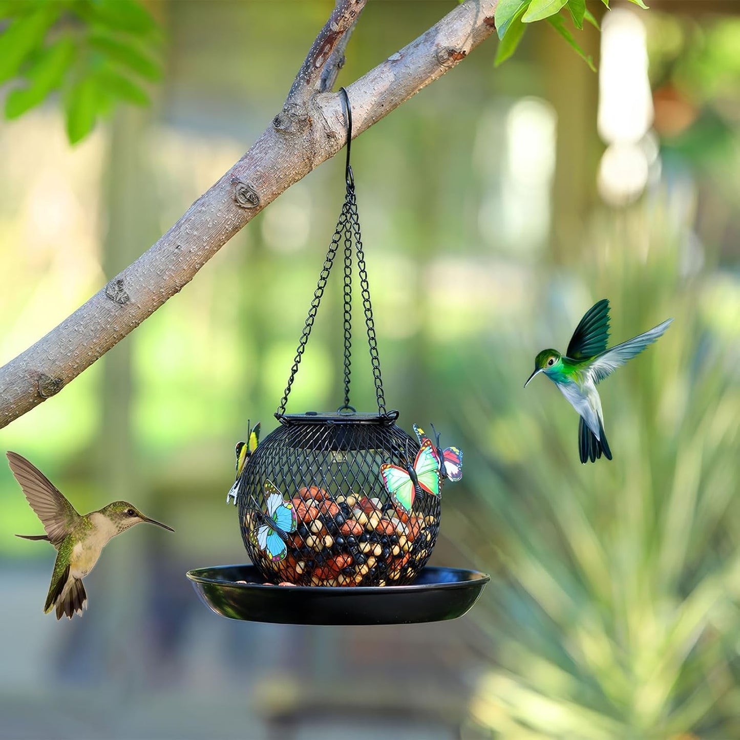 Bird Feeders for Outdoors Hanging, Outside Metal Wild Bird Feeder with Solar Light, Garden Decor for Yard/Patio -Birthday Gifts for Women Mom Grandma Bird Lovers