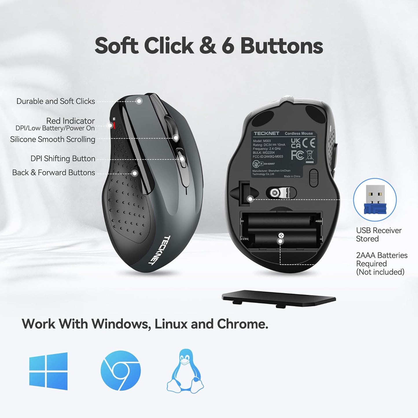 TECKNET Wireless Mouse, 2.4G Ergonomic Optical Mouse, Computer Mouse f