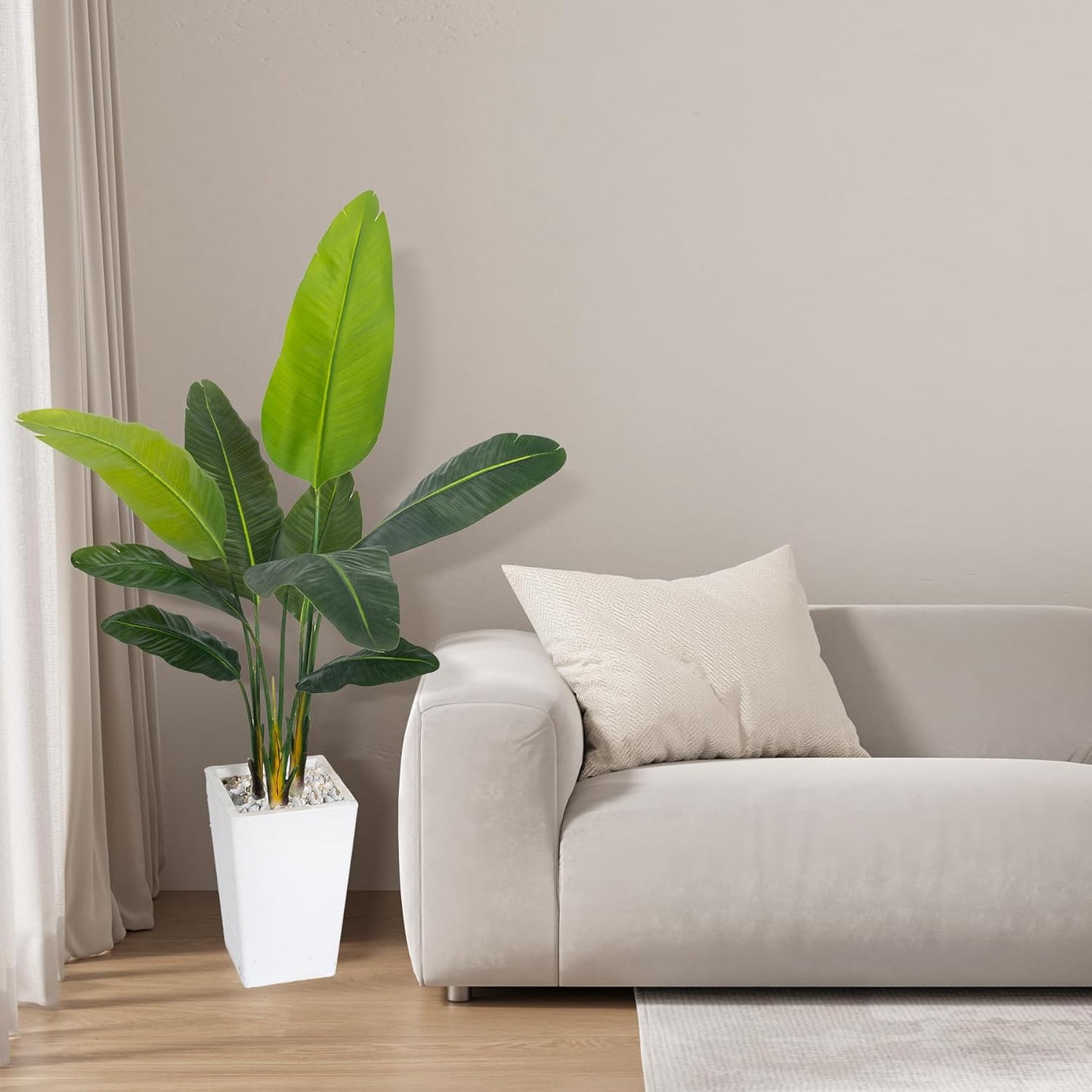 Bird of Paradise Artificial Plant 5FT, Faux Tropical Palm Tree with White Tall Planter, Large Fake Plants in Pot - Artificial Tree for Home Office Living Room Decor Indoor