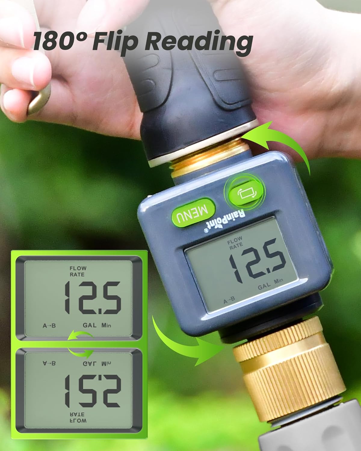 RAINPOINT Water Flow Meter with Brass Inlet & Outlet, 180° Screen-Flip