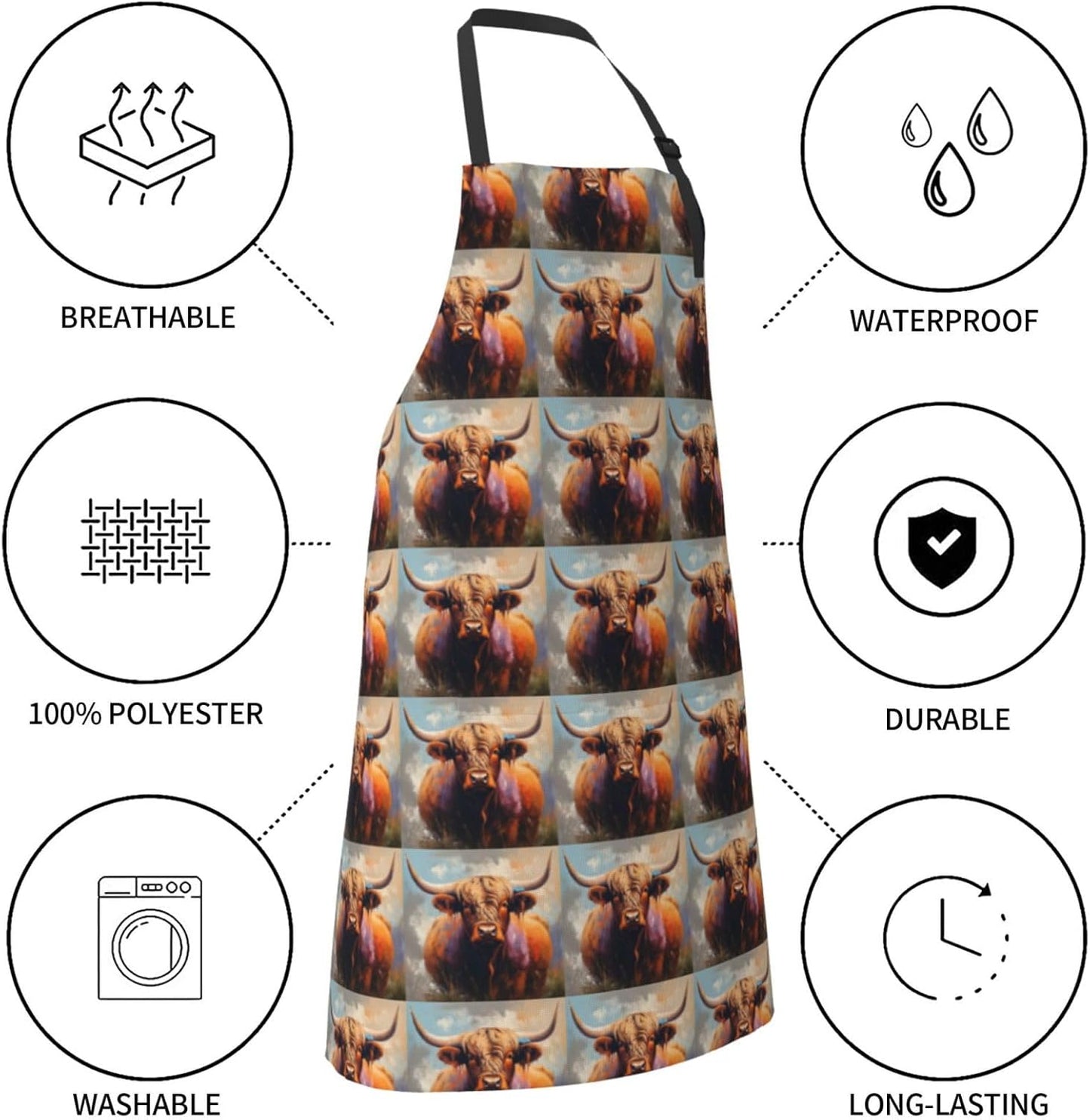 YANYU Highland Cow Print 28x33 In Kitchen Apron Stylish Chef Apron with Pockets for Cooking Baking Painting