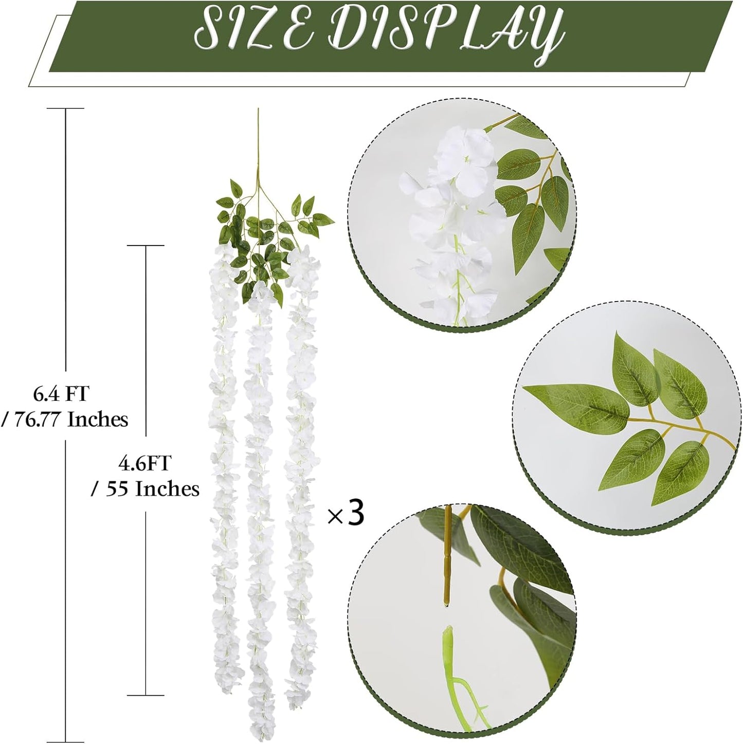 IPOPU White Wisteria Hanging Flowers Garland 6.4FT Wisteria Garland Hanging Flowers for Decoration for Wedding Arch, Backdrop, Garden Party Decor, 3 PCS (White)