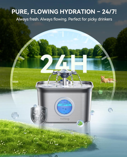 Stainless Steel Cat Water Fountain, 2.8L with 20dB Ultra-Quiet Pump- I