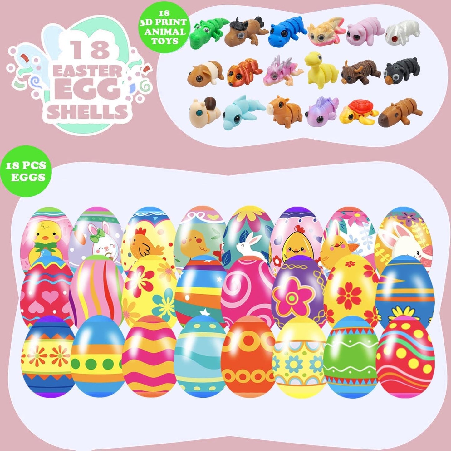 18 Pcs Easter Eggs with 3D Print Animal Prefilled Easter Eggs with Toys Inside Easter Egg Fillers for Kids Boys Girls Easter Basket Stuffers Party Favors Easter Egg Fillers