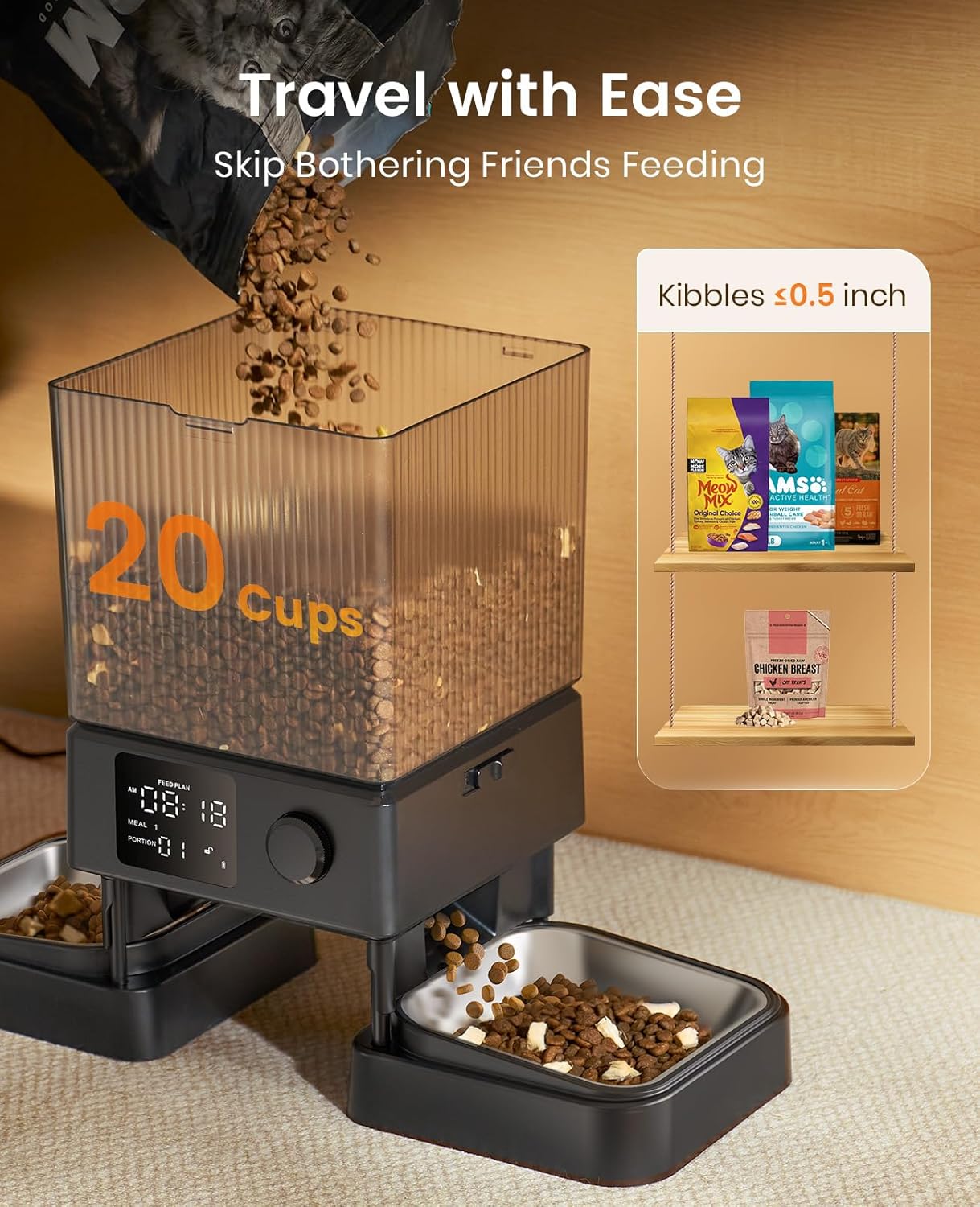 oneisall Automatic Cat Feeder for 2 Cats, 20 Cups/5L Automatic Cat Foo