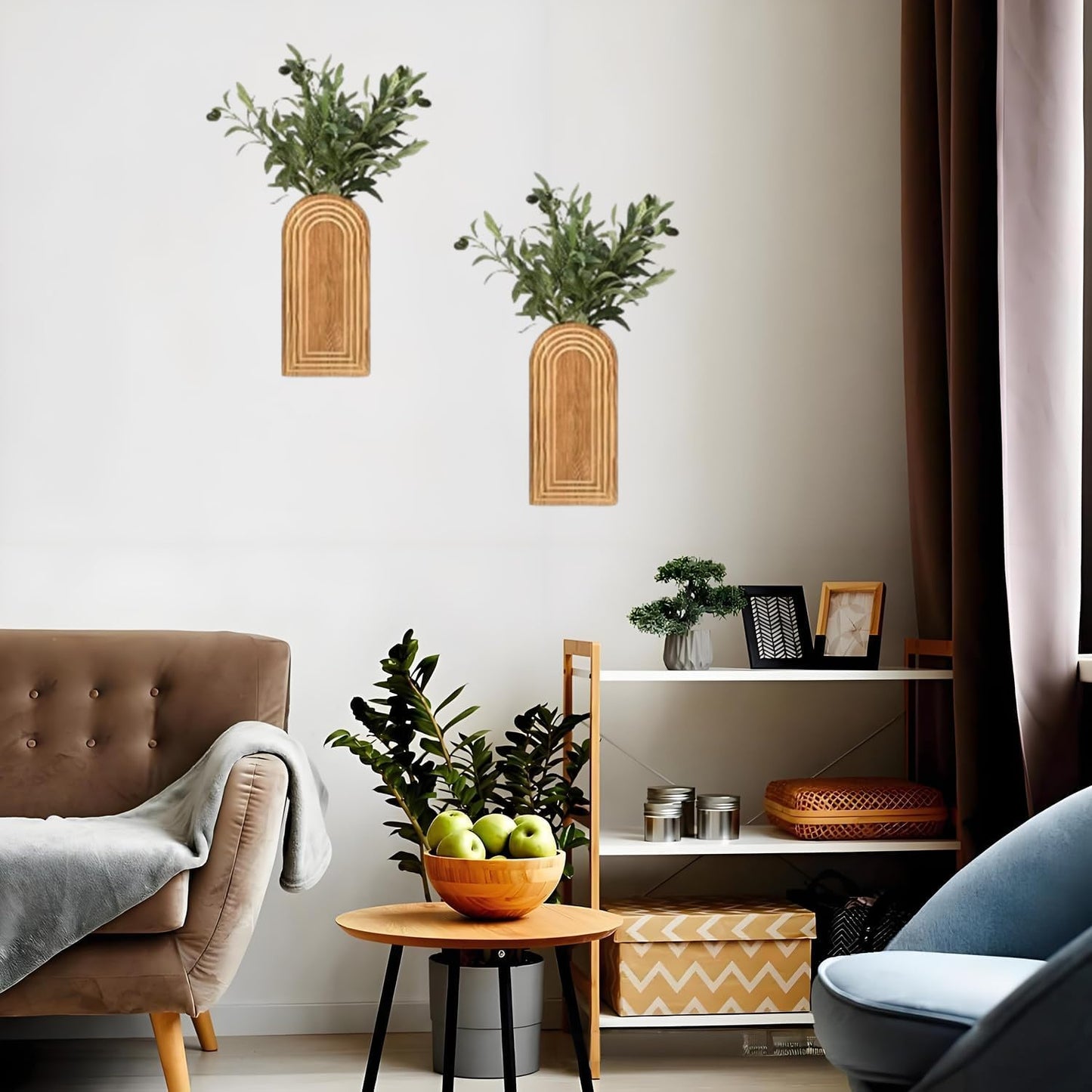 2 Pack Arched Wooden Wall Vases, Boho Wall Mounted Flower Vases with Ripple Texture, Modern Farmhouse Wall Decor for Dried Flowers, Greenery, Bathroom, Bedroom, Living Room (Natural Wood)
