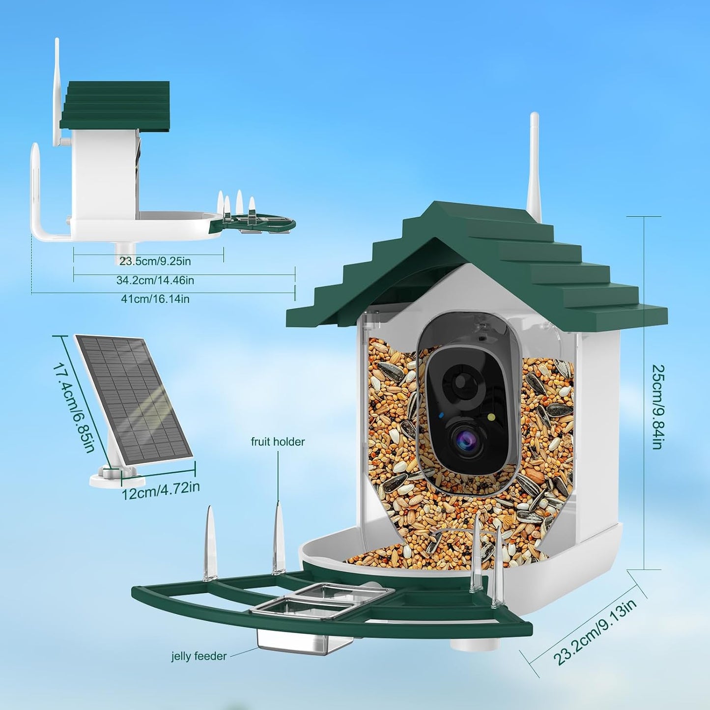 Smart Bird Feeder with Camera,Ai Identify Birds Watching Camera with Solar Powered,FHD Live View, Auto Capture Birds Video in Backyard,Porch, Patio,Ideal Gifts for Family and Bird Lovers (Dark Green)