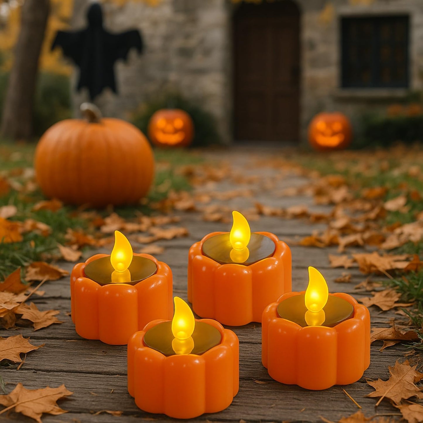 6PCS Orange Solar Pumpkin Tea Lights Outdoor Candle,Autumn Flameless Candles Battery Operated IP44 Waterproof Reusable for Halloween Christmas Party,Fall Garden Camping Home Decor