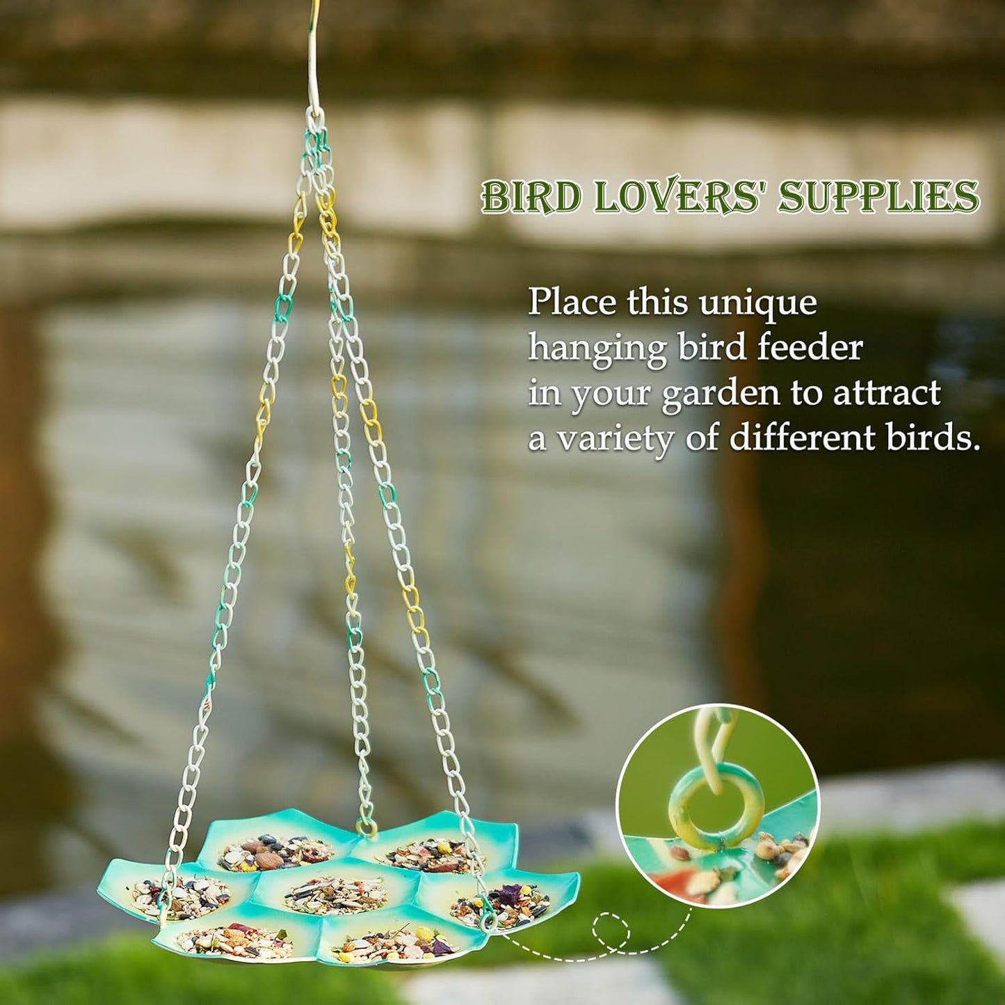 23" H Hanging Bird Feeder, Metal Bird Feeders for Outdoors Hanging, Flat Bird Feeder Seed Tray for Outside Garden Yard Decor