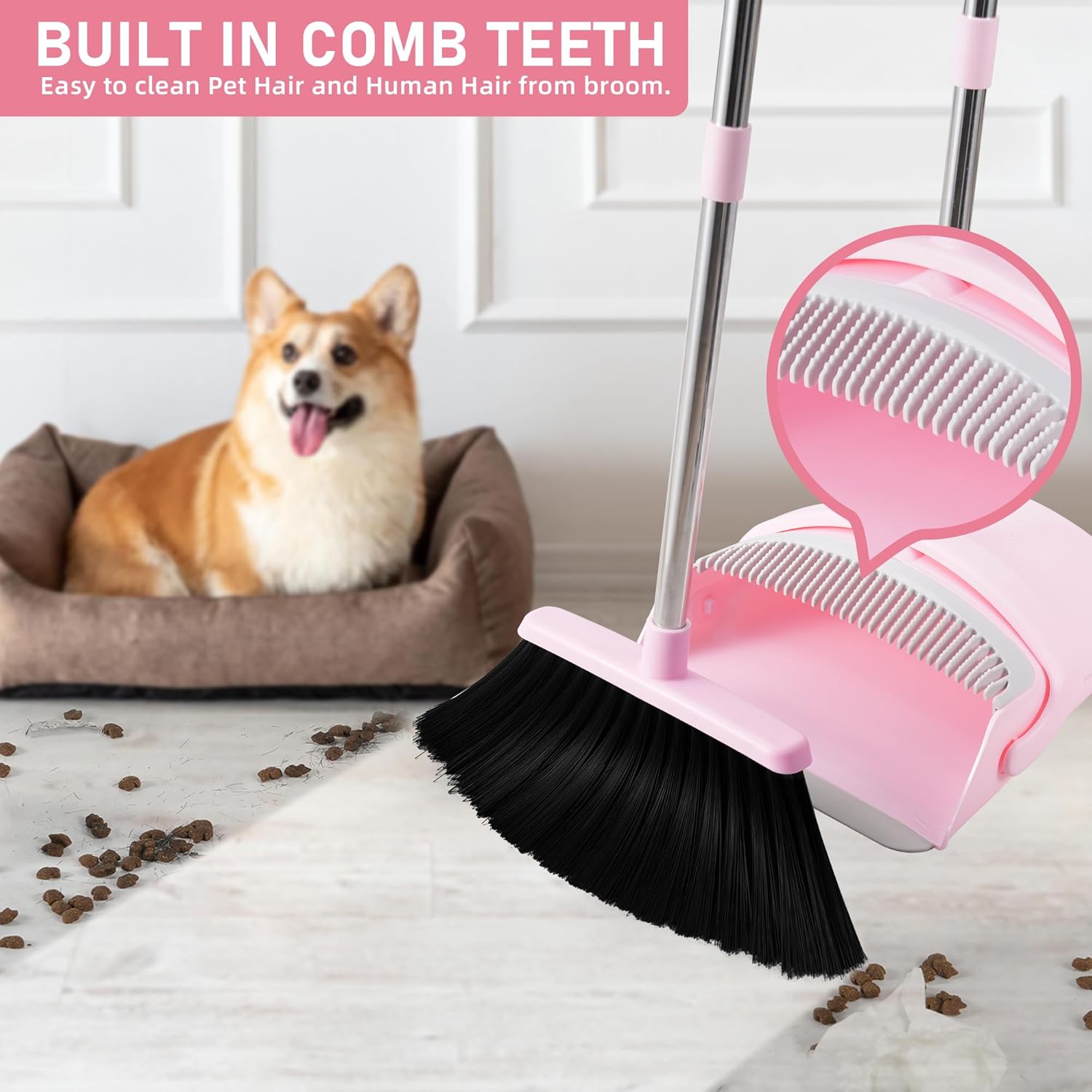 Pink Broom and Dustpan Set, 52” Long Adjustable Handle Broom with Dust