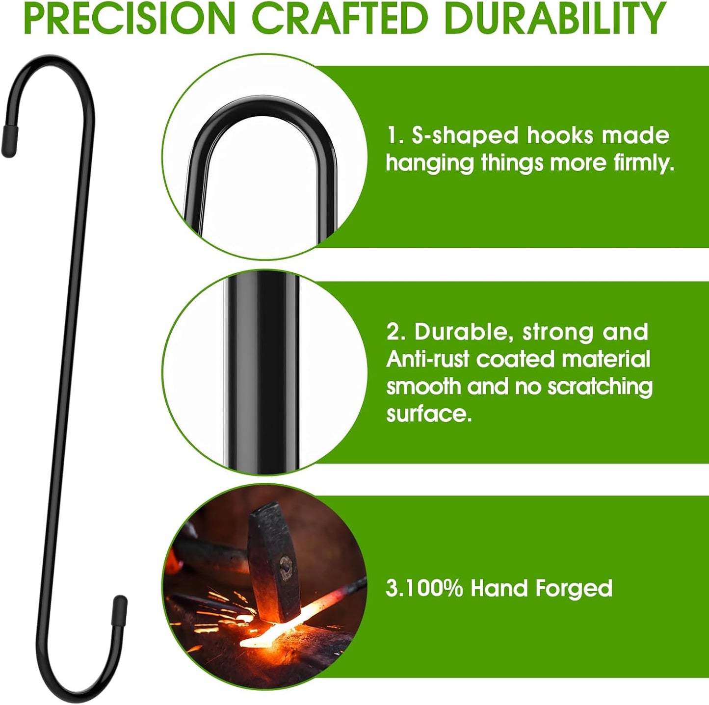 Black Metal S Hooks, 6 Pack 8 Inch, Heavy Duty, Rust Resistant, 35 Pou