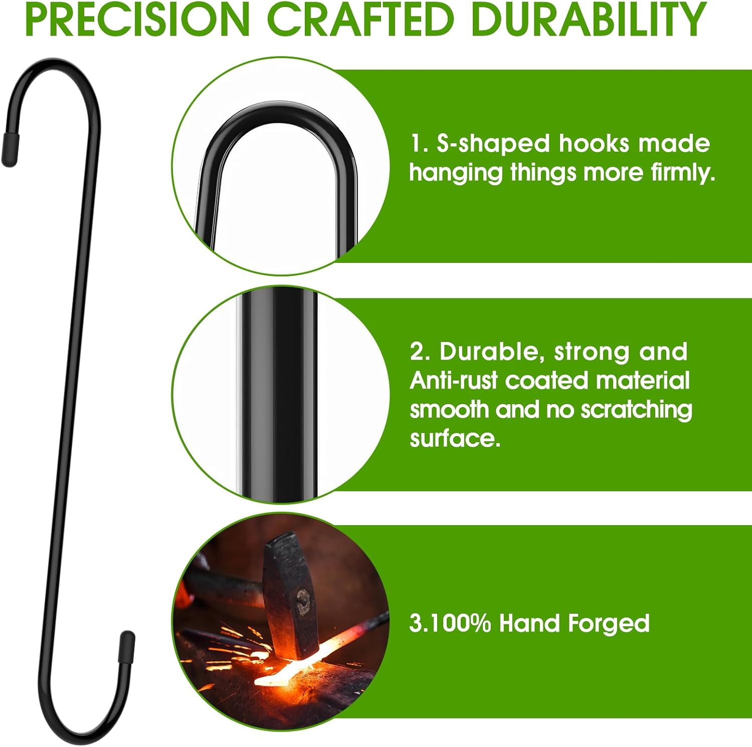 Black Metal S Hooks, 6 Pack 8 Inch, Heavy Duty, Rust Resistant, 35 Pou