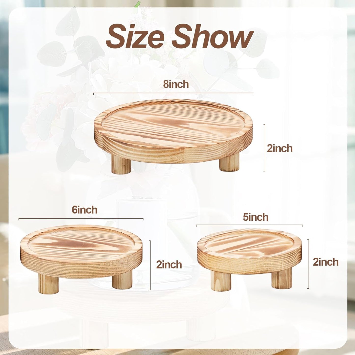 3 Pcs Wooden Risers for Display, Round Wood Riser Plant Stand 5/6/8" Pedestal Stand, Flower Pot Holder Small Planter Tray for Kitchen Home Décor (Light Brown)