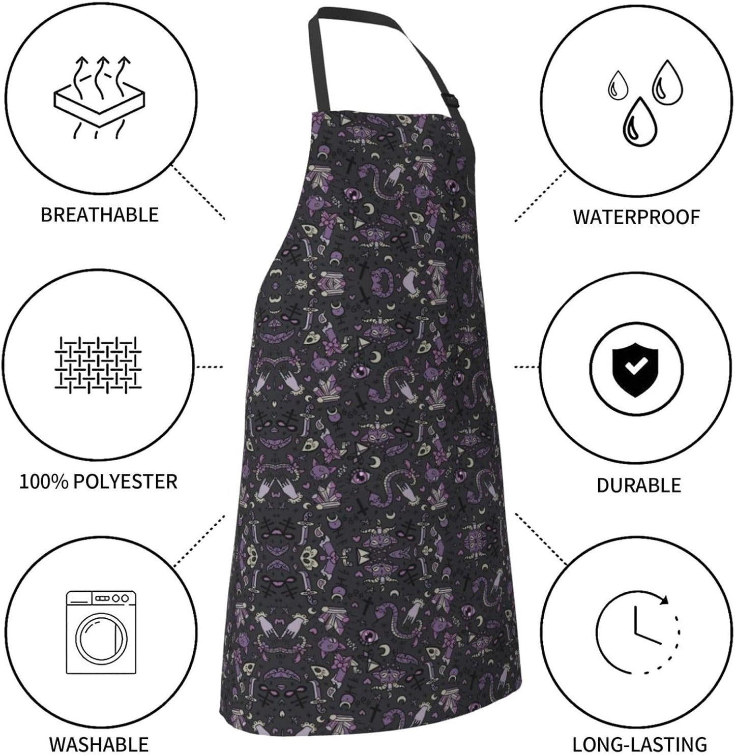 Purple Black Goth Spooky Print 28x33 In Adult Kitchen Apron with Pockets Versatile Chef Smock for Cooking Baking
