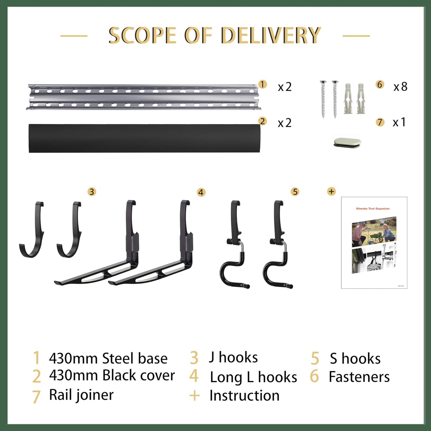 Wall-Mounted Rack With 6 Garage Hooks, Heavy-Duty Aerospace-Grade Aluminum Alloy Hooks Garage & Garden Storage for Shed, Workshop, or Home Organization – For Rakes, Shovels, Tools & More