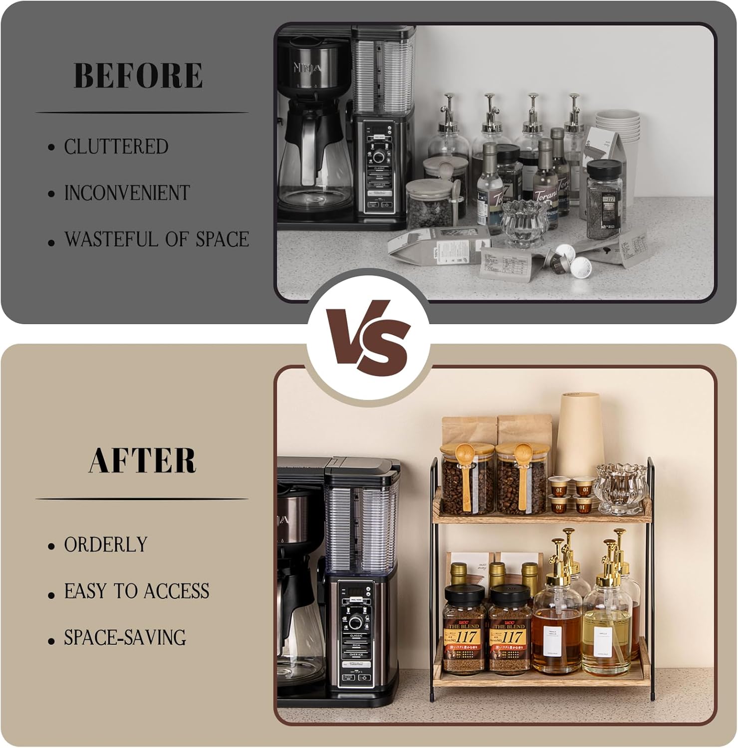 Countertop Coffee Station Organizer, 2 Tier Wooden Shelf for Coffee Ba