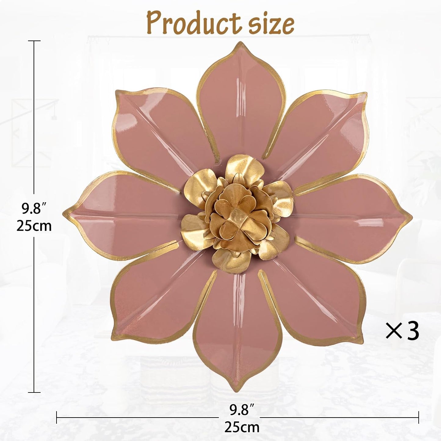 Metal Flowers Wall Decor Set of 3, Pink Metal Flower Wall Art Decor for Inoor & Outdoor Use, 3D Vintage & Modern Pink Walls Arts for Bathroom, Living Room, Bedroom, Garden, Patio, Porch, Office, 10"
