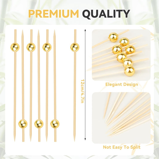 200PCS Cocktail Picks, Fancy Toothpicks for Appetizers, Decorative Skewers for Appetizers Drinks Party Fruit, 4.7 Inch Long Wooden Bamboo Gold Ball Food Sticks Charcuterie Boards Accessories