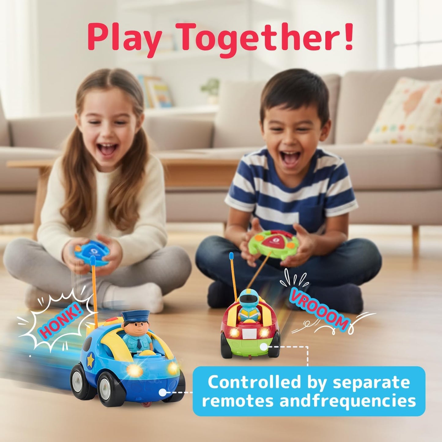 Prextex 2 Pack Cartoon Remote Control Cars for Toddlers - Police Car a