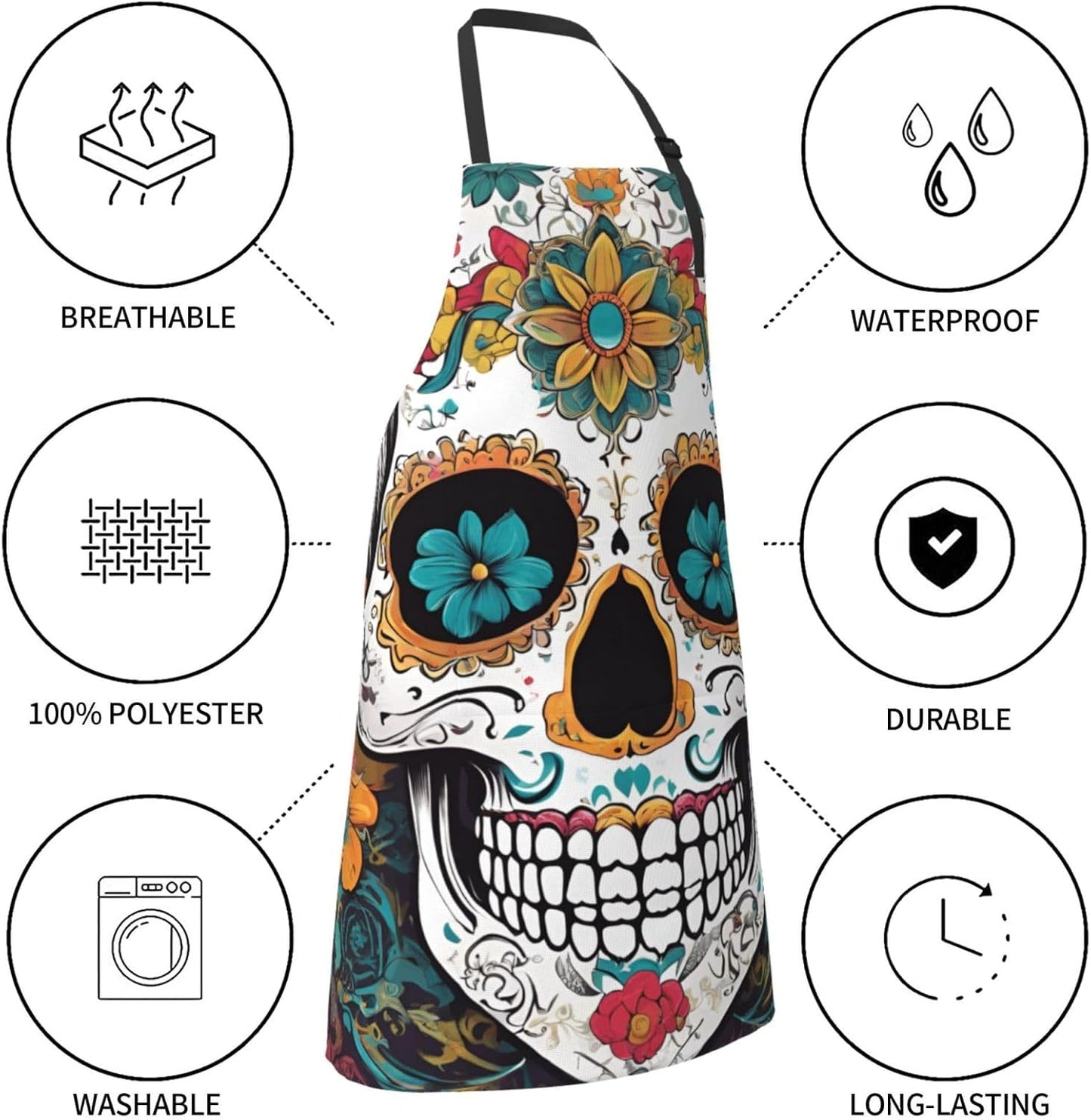 YANYU Floral Skull Print 28x33 In Kitchen Apron Stylish Chef Apron with Pockets for Cooking Baking Painting