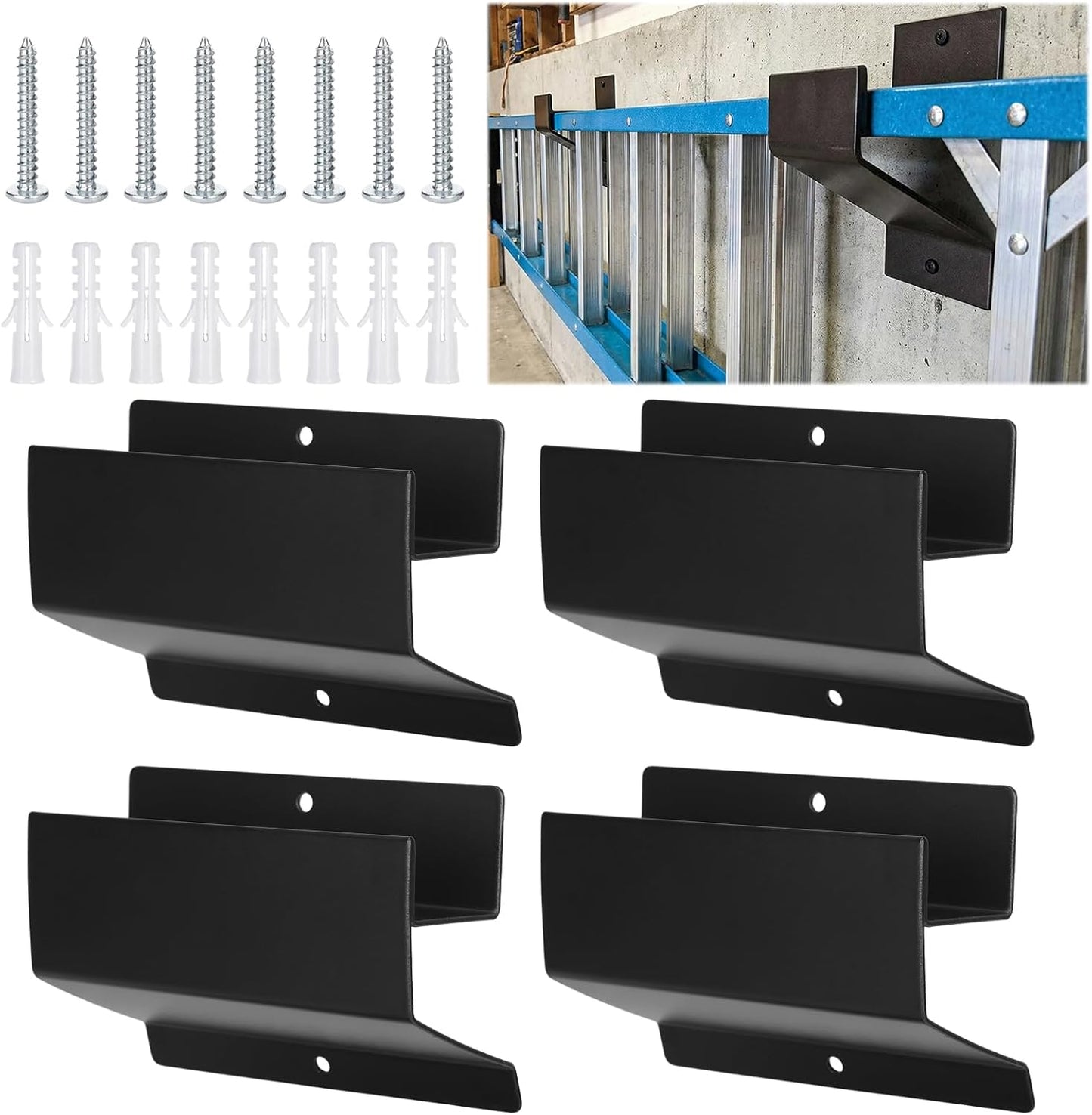 4 Pack Ladder Hooks for Garage Wall Heavy Duty Steel Ladder Brackets with Mounting Hardware, Heavy Duty Utility Hanger for Step, Wheelbarrow & Garden Tools Storage, 50 Lbs Capacity