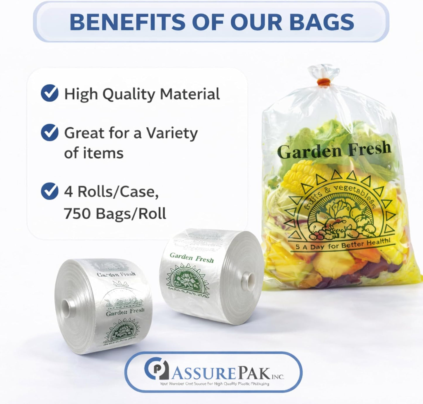 ASSUREPAK Narrow Profile Produce Roll Bags with Extended plastic core 