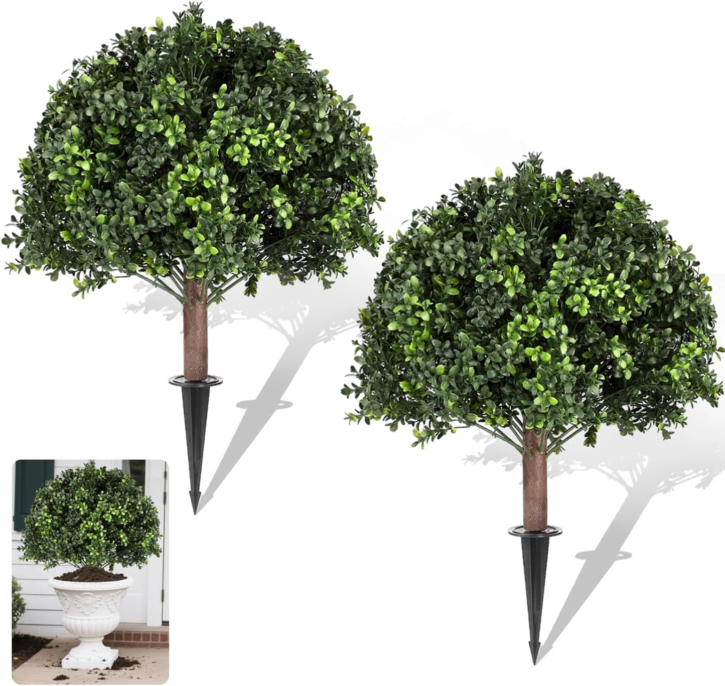 2 PCS Artificial Boxwood Topiary Ball Bushes, Realistic Topiary Ball Tree with Ground Spike, Weatherproof Faux Greenery Shrubs Bushes for Front Porch, Patio, Garden, Walkway, Planter Pot