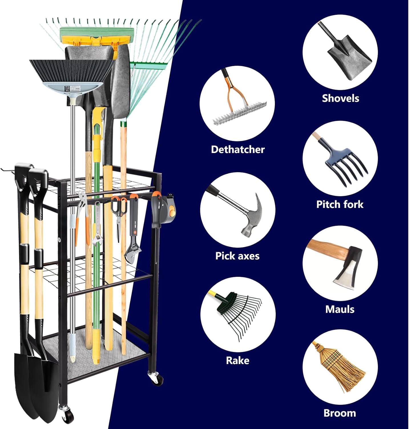 Garden Tool Organizer- 3 Tier Garage Storage and Organization, Holds Up to 35 Long-Handled Tools, Heavy-Duty Metal Holder with 6 Adjustable Hooks, Black