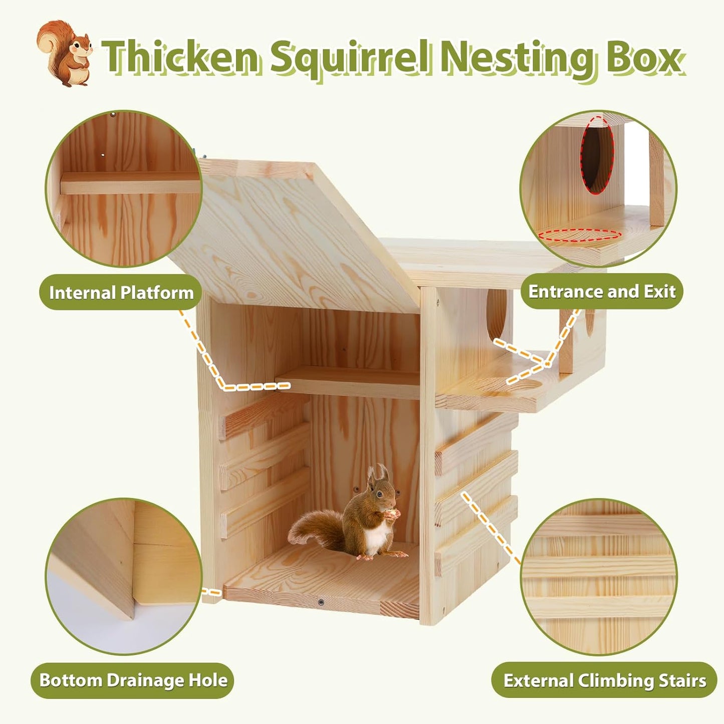 Wooden Squirrel House Outdoor, 12.6" W Large Nesting Box with External