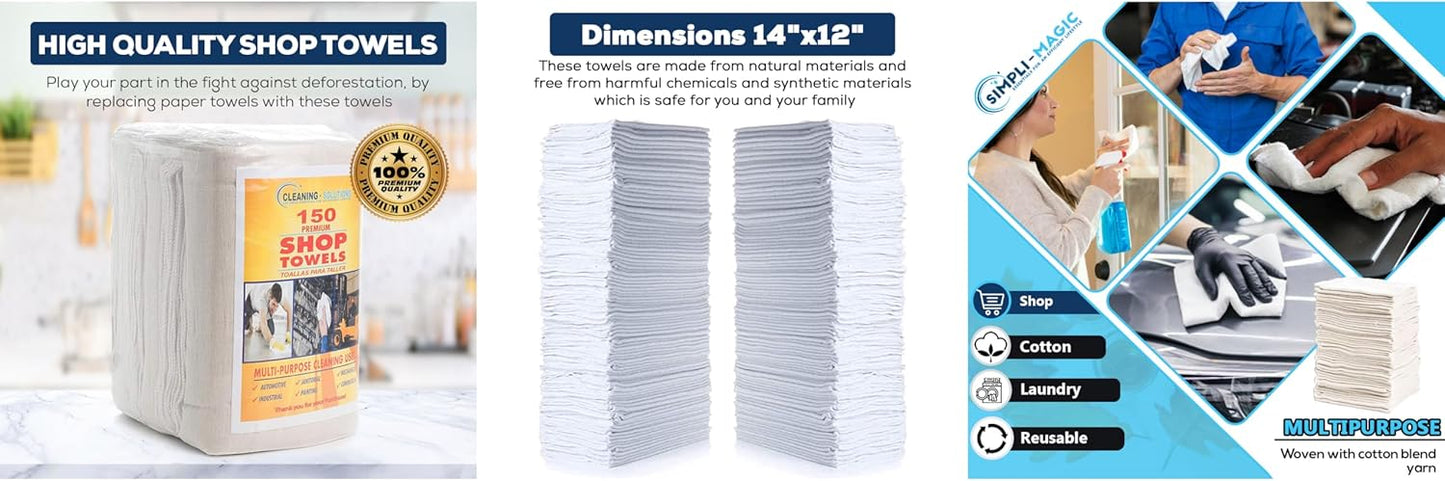 Simpli-Magic Cotton Shop Towels 14"x12" (145 Pack) – Reusable Cleaning Shop Rags for Automobiles, Industries, Garage and Homes (White)
