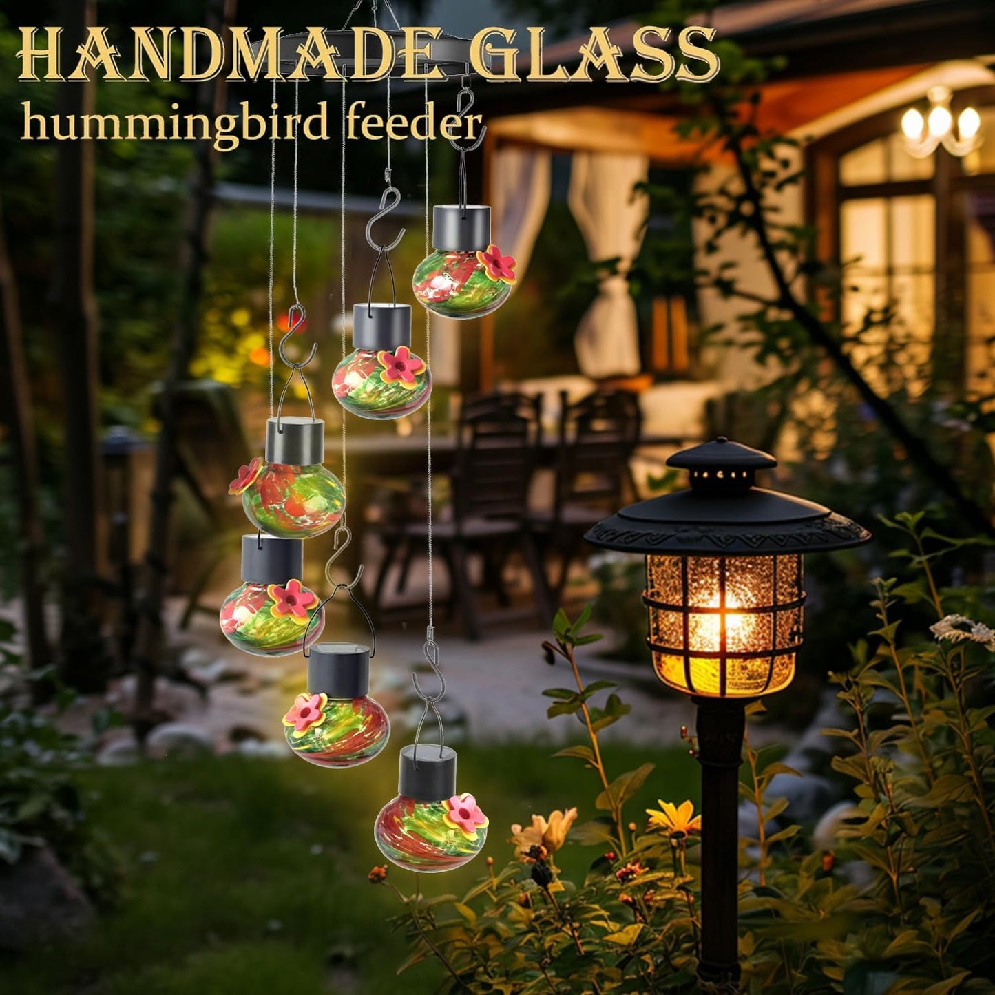 Solar Wind Chimes Hummingbird Feeder for Outdooors, Blue Hand-Blown Glass Bird Feeders with Leak-Proof Design, Ant & Bee Resistant, Perfect Garden Patio Decor (Red and Green)