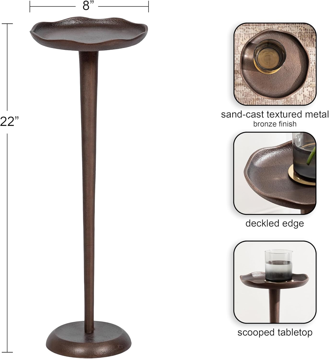 Kate and Laurel Alessia Modern Decorative Metal Drink Table, 8 x 8 x 22, Bronze, Round Cast Aluminum Pedestal Plant Stand with Rough Texture and Deckled Edge