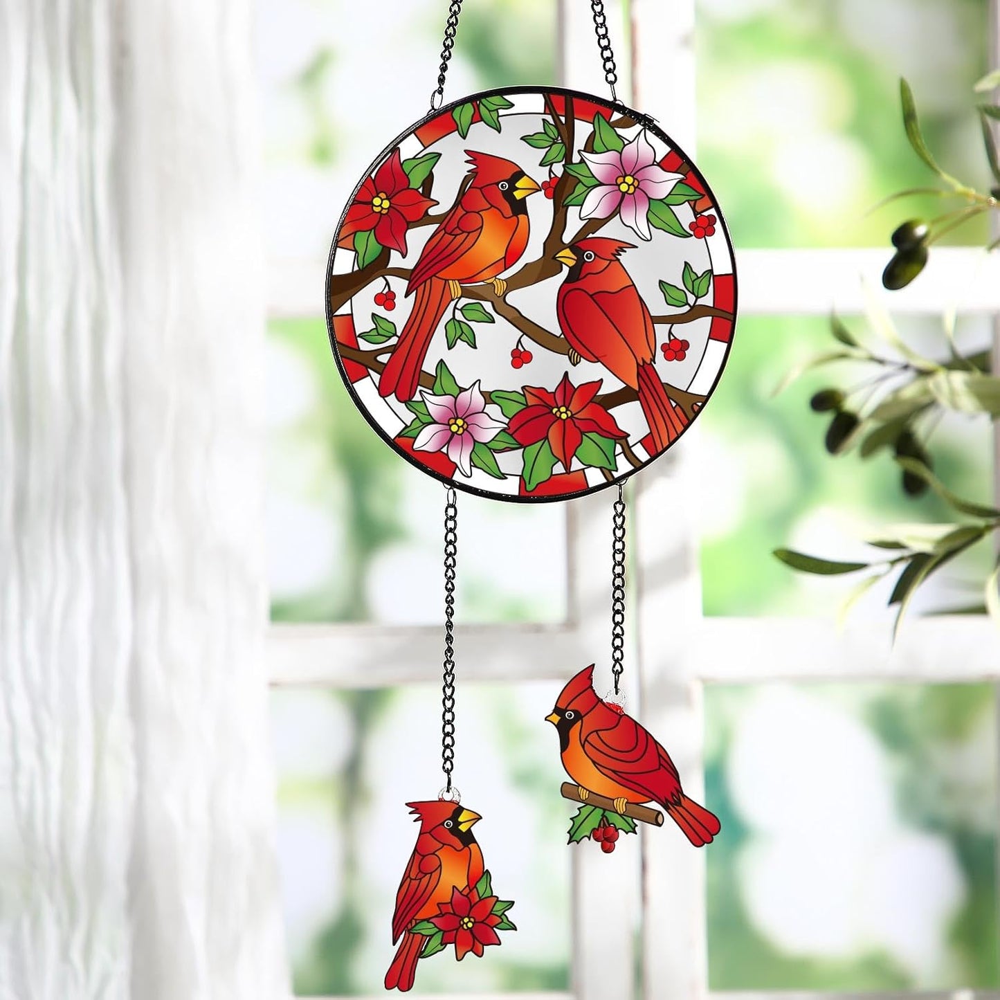 Cardinal Stained Glass Suncatcher for Window Hanging Birds 6.3" Staine