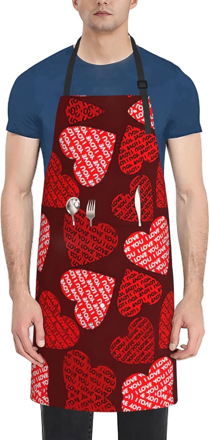Red Hearts Print Laundry apron 28x33 In Waterproof Kitchen Apron with Pockets for Cooking Baking