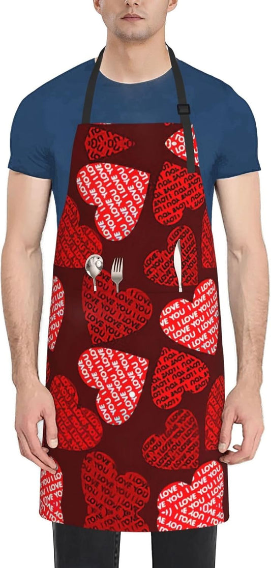 Red Hearts Print Laundry apron 28x33 In Waterproof Kitchen Apron with Pockets for Cooking Baking
