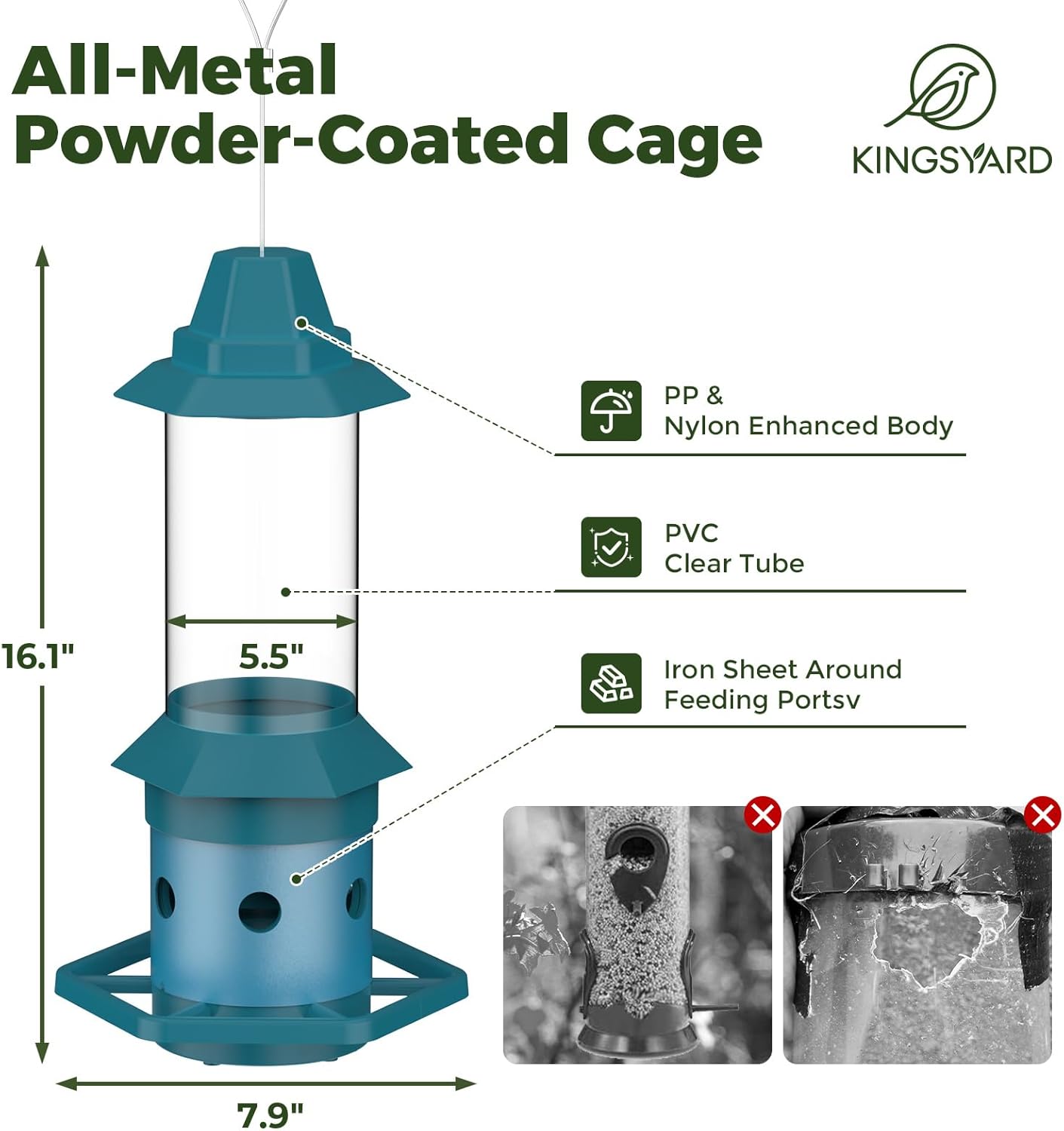 Kingsyard Squirrel-Proof Bird Feeder with Adjustable Weight-Activated Perch, Wild Bird Feeders for Outdoors Hanging, Weatherproof & 4 lb Large Seed Capacity, Dark Green
