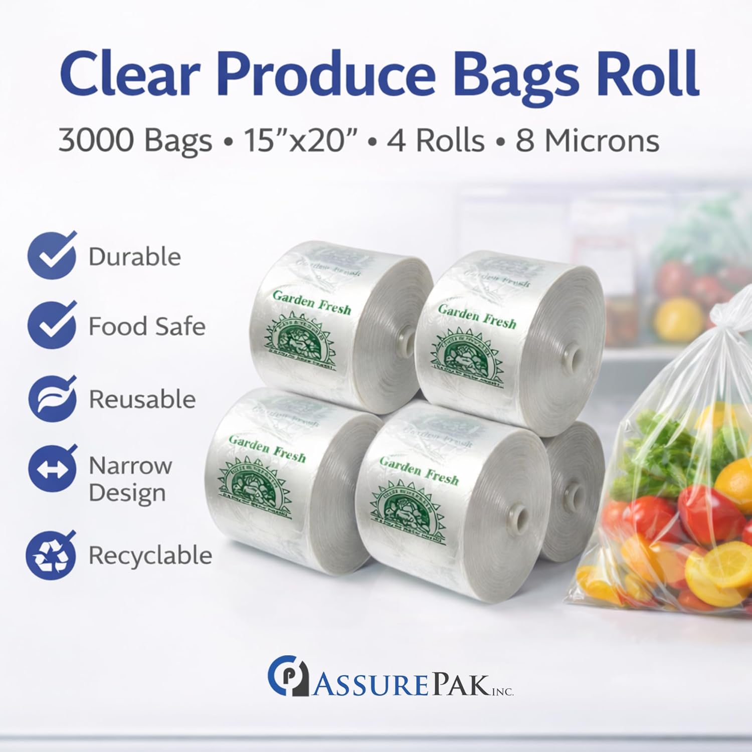 ASSUREPAK Narrow Profile Produce Roll Bags with Extended plastic core 
