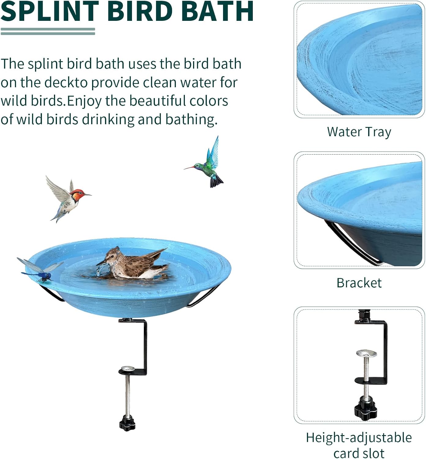 Bird Bath Deck Mounted Bowl 12 Inch Metal Bird Baths with Adjustable Sturdy Metal Clamp for Deck Railing Balcony Bird Feeder for Garden Yard and Lawn Decoration-Blue