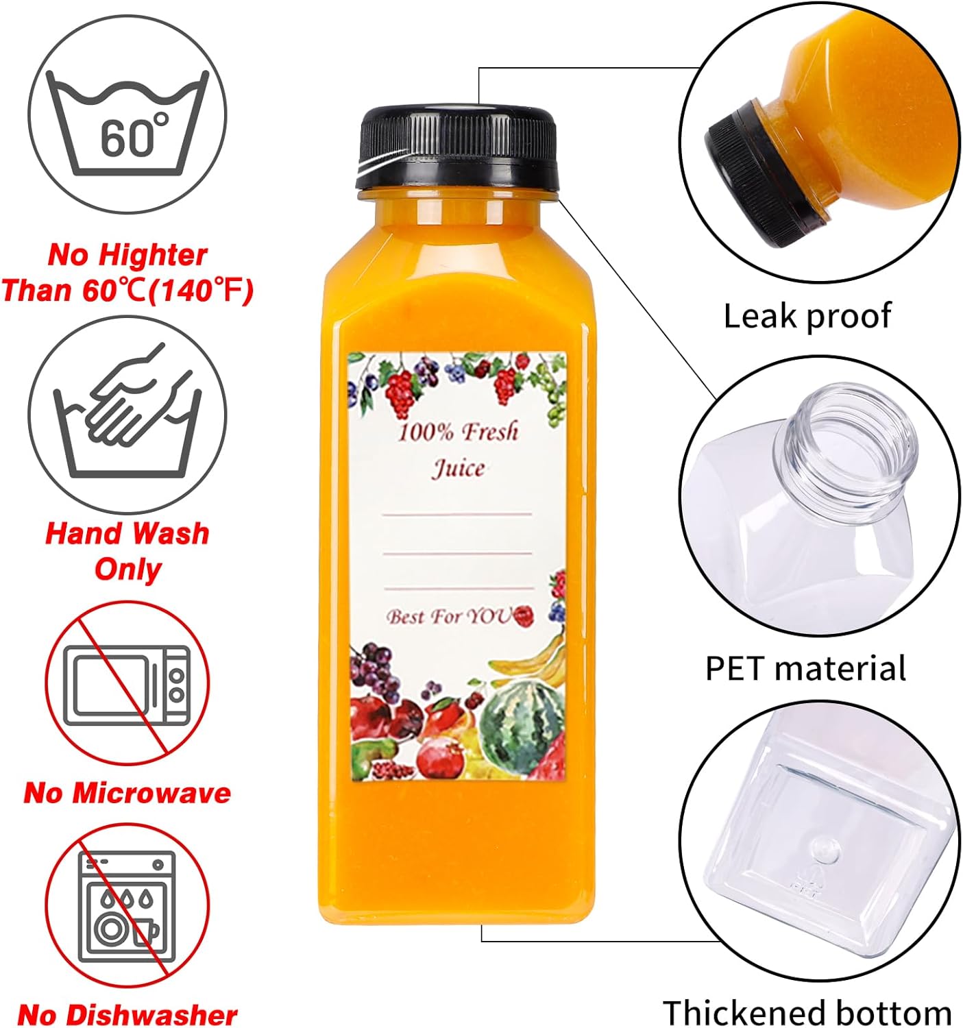 SUPERLELE 20pcs 16oz Juice Bottles, Plastic Juicing Bottles with Caps, Clear Drink Containers with Lids for Drinking, Smoothie and Other Beverages