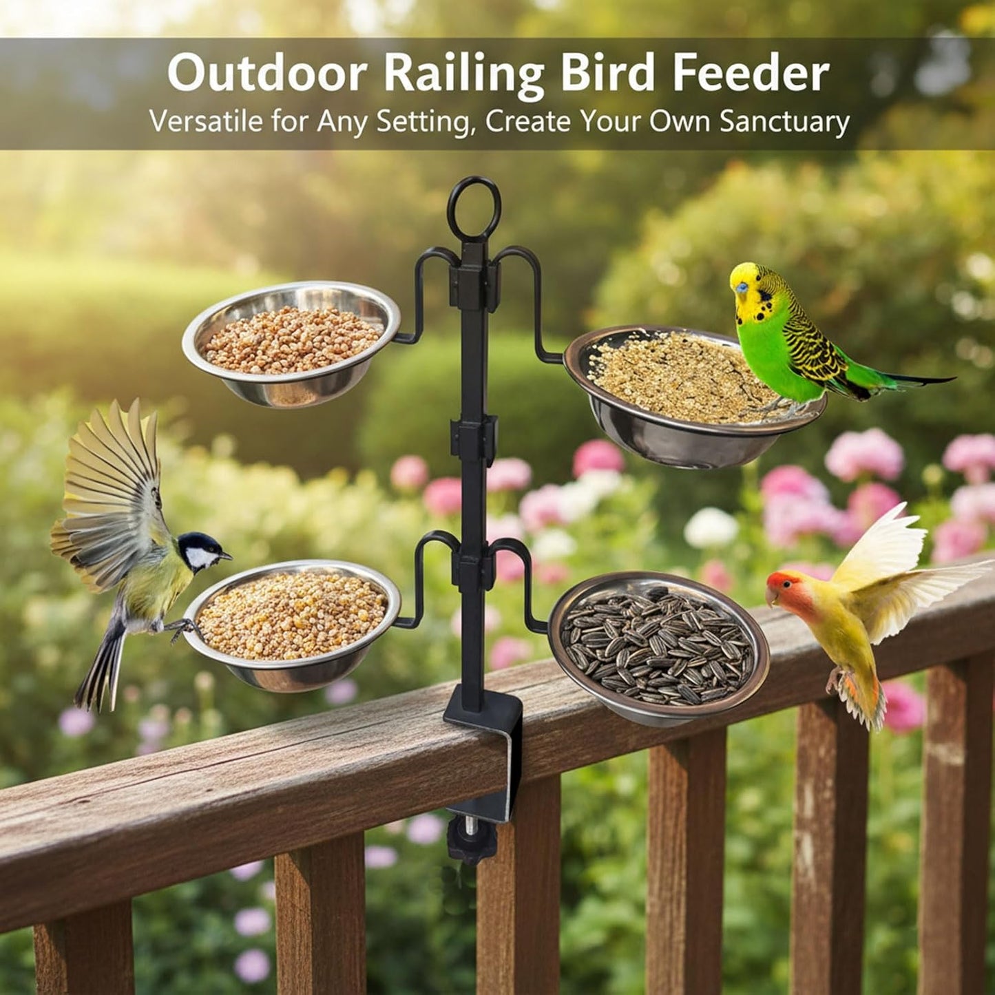 Deck Bird Feeder, 3-Tier Adjustable Railing Clamp-On Feeder with Four Stainless Steel Bowls for Balcony Patio Outdoor Use