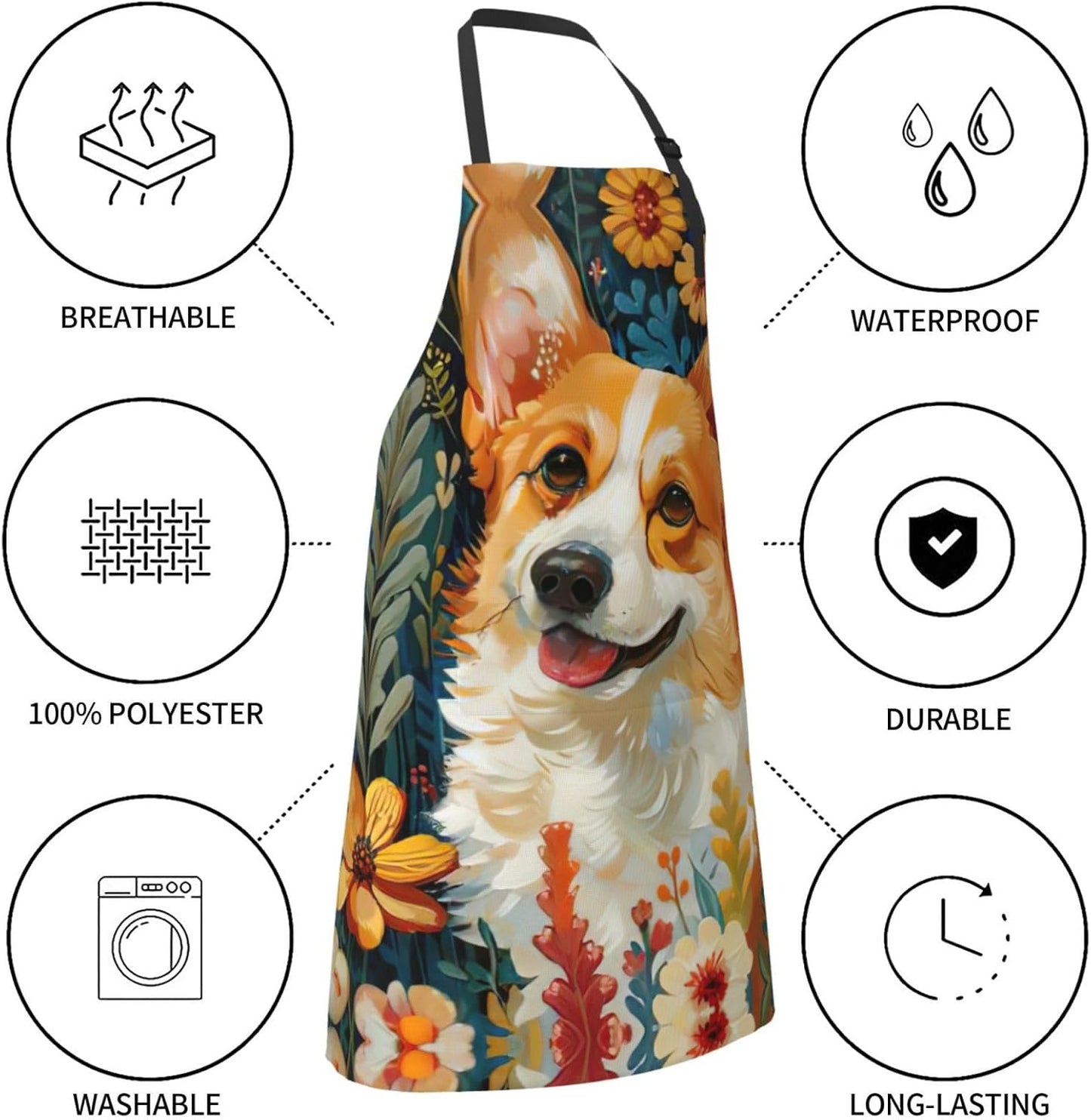 Corgi Floral Flowers Spring Garden Print Laundry apron 28x33 In Waterproof Kitchen Apron with Pockets for Cooking Baking