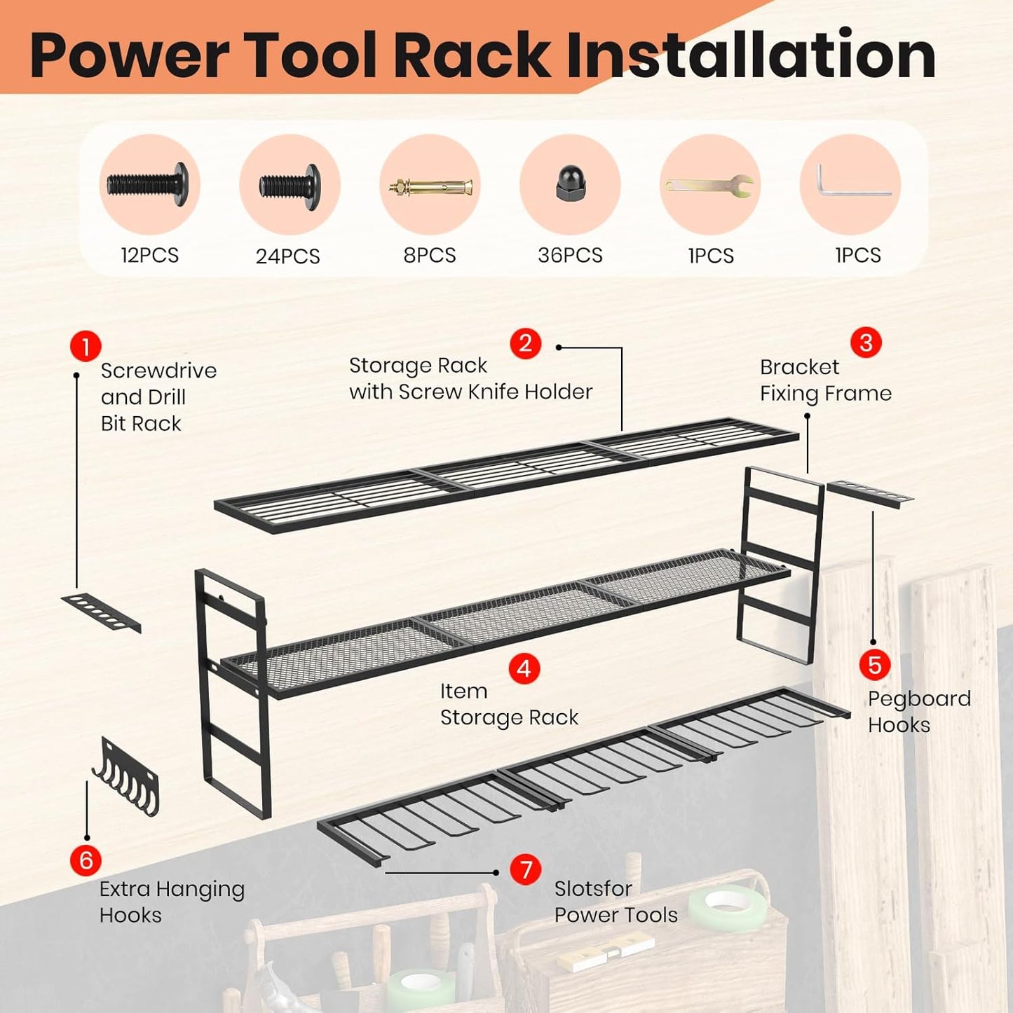 SINTIKI 49'' Large Power Tool Organizer Wall Mount, 4 Layer Tool Stora