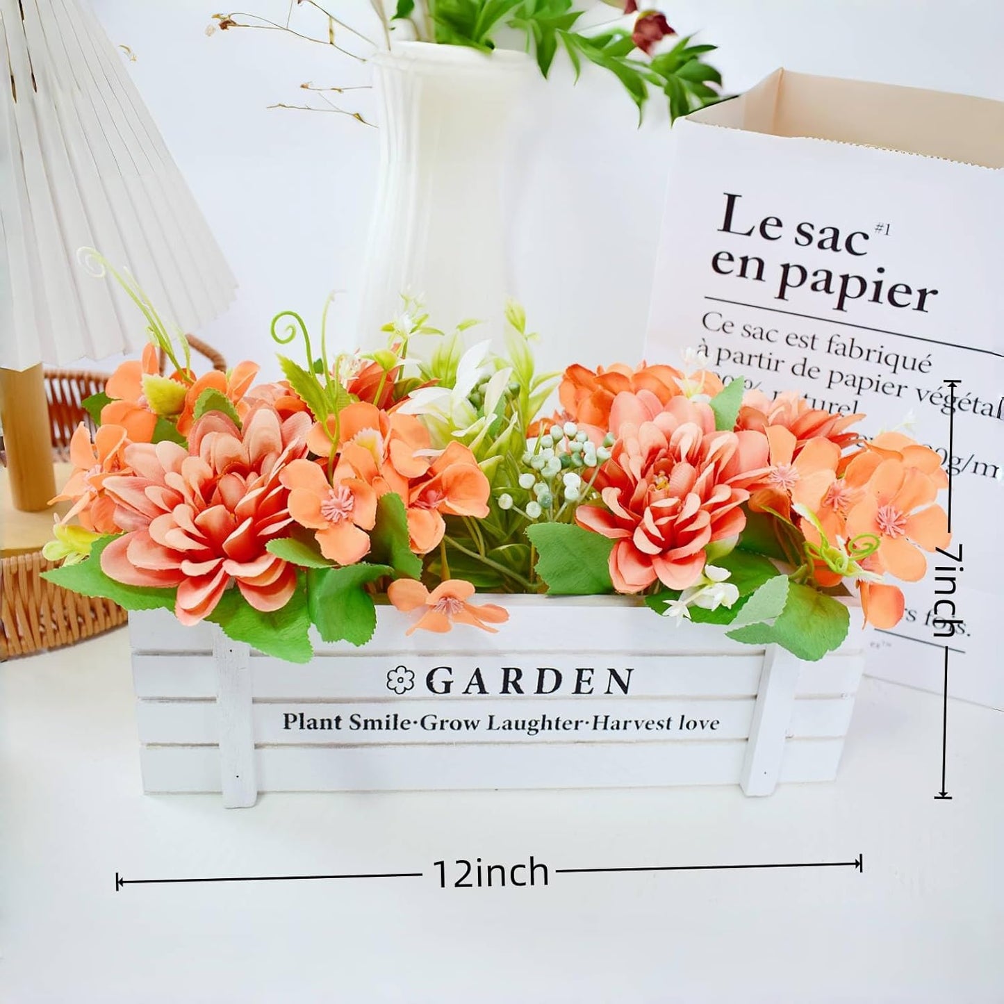 Artificial Fall Flowers in Rustic Pots,12in Autumn Fake Silk Orange Flowers,Thanksgiving Decorations,Faux Floral Arrangements for Weddings, Home Yard Garden Window Box Pot Planters (Orange)