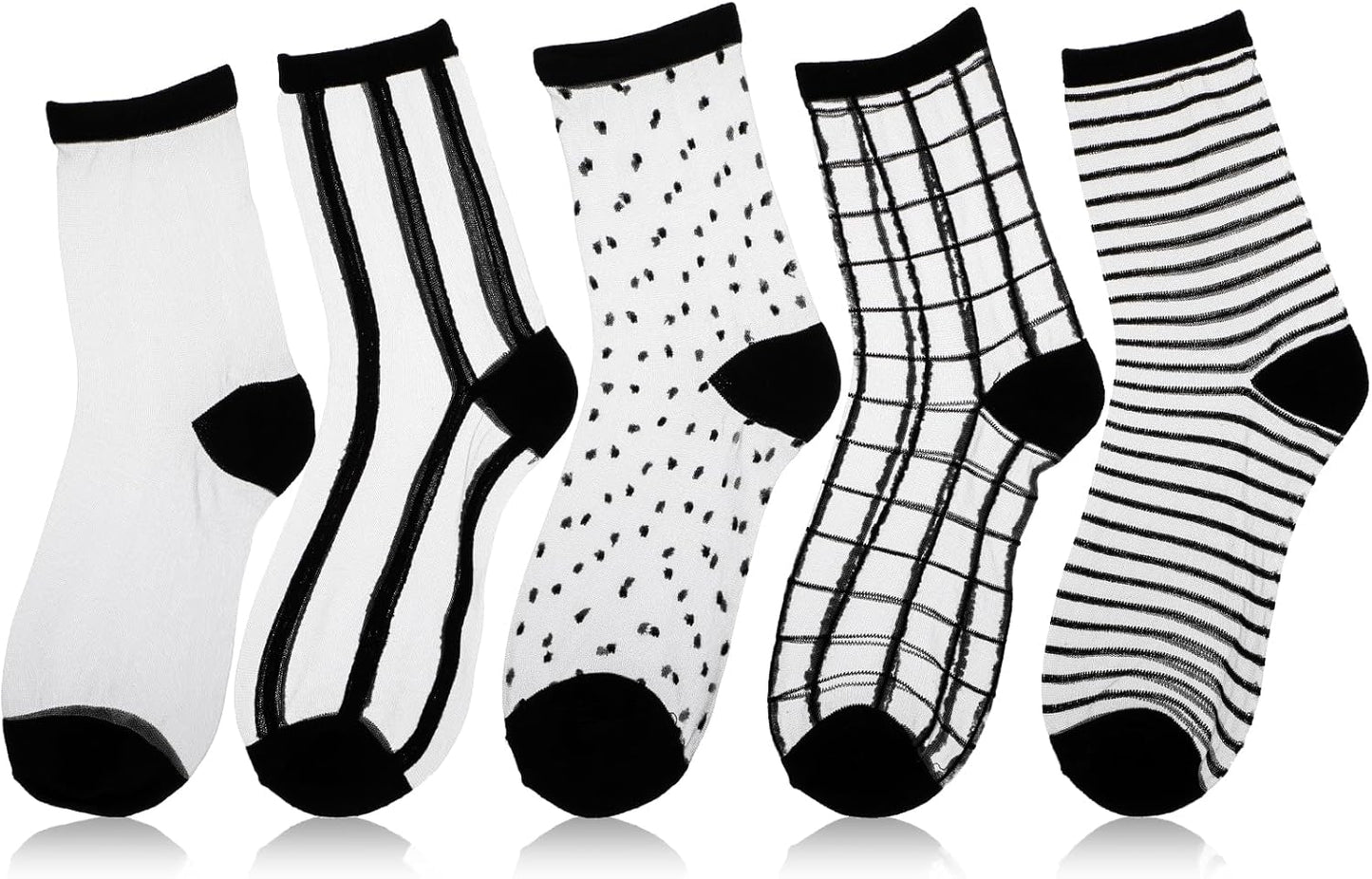 Lusofie 5 Pairs Sheer Black See-Through Socks - Checkered Dot Striped 